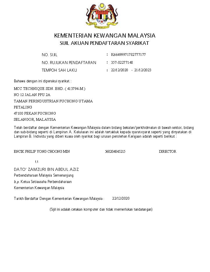 Kementerian Kewangan Malaysia Sijil Akuan Pendaftaran Syarikat